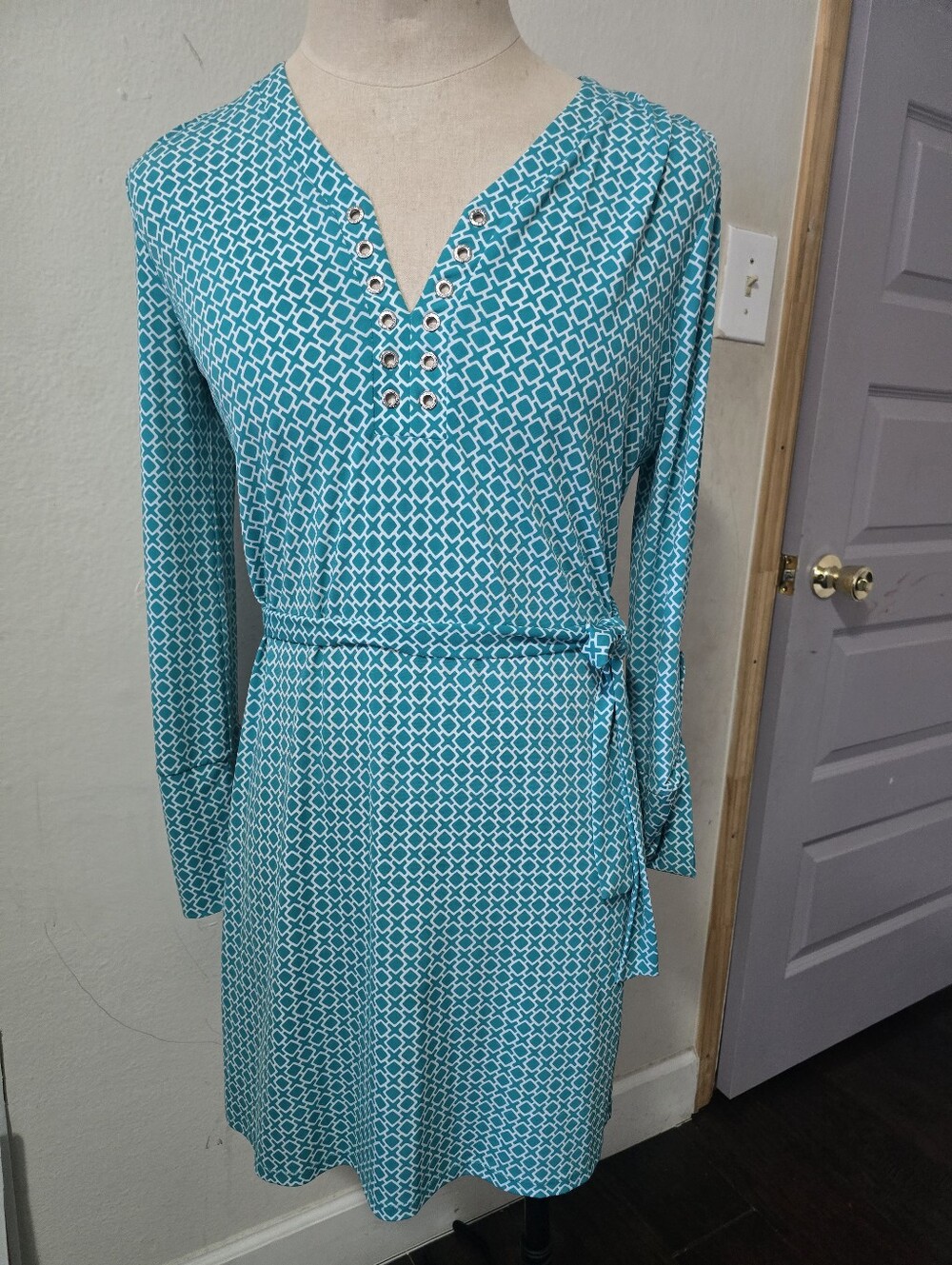 Michael Kors Teal Geometric Long Sleeve Tie-Waist Dress